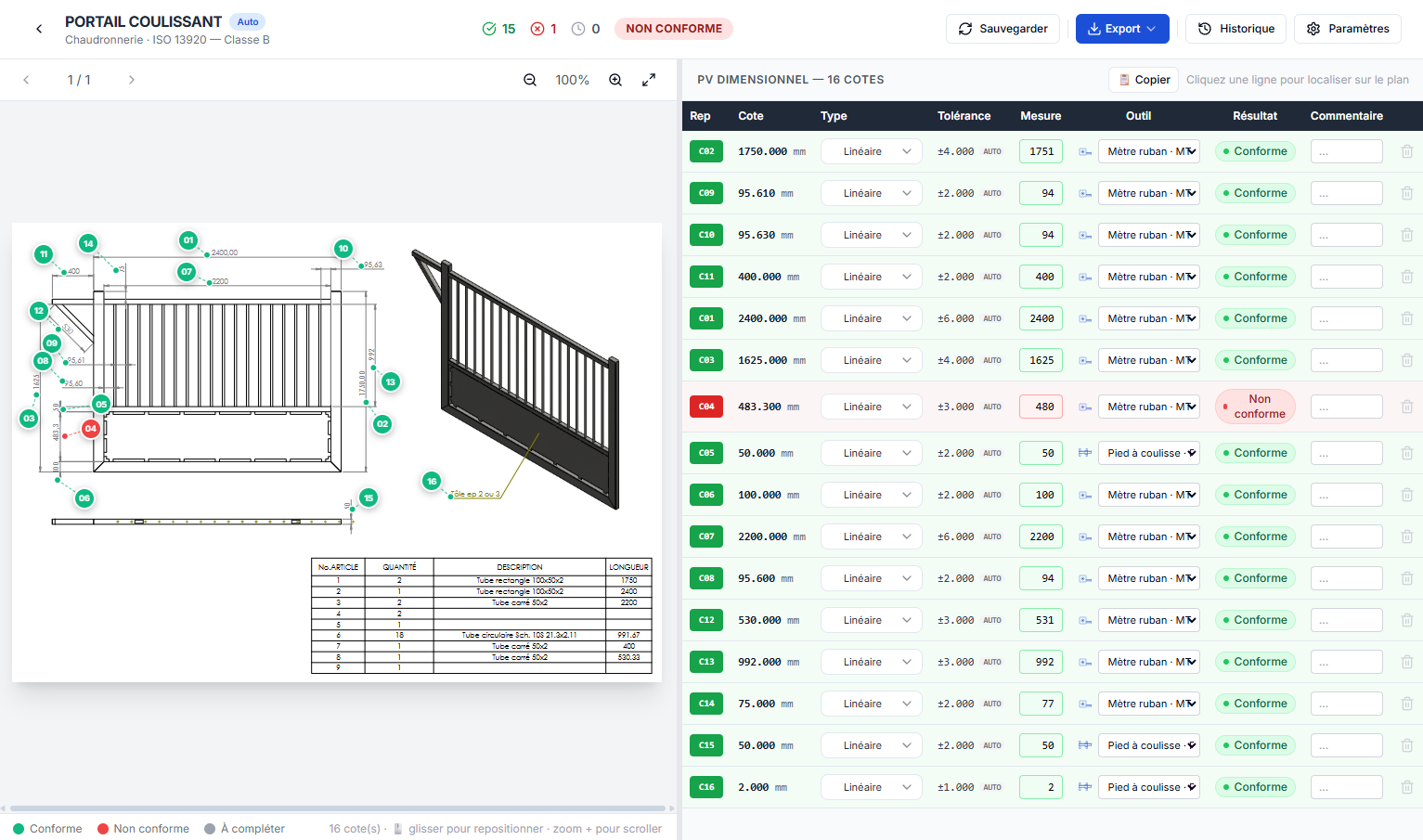 Page de contrôle dimensionnel DIMCONTROL avec statuts conforme / non conforme affichés en temps réel à chaque saisie de mesure