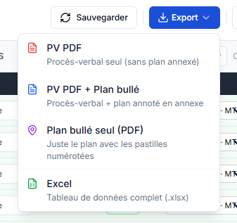 Menu d'export DIMCONTROL — choix entre PV PDF seul, PV PDF + Plan bullé annoté, Plan bullé seul, et export Excel colorisé