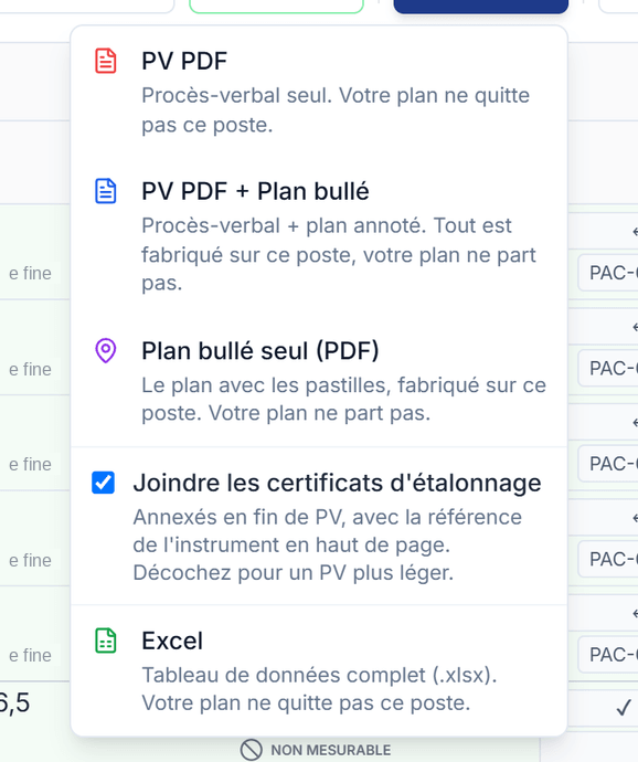 Menu d'export DIMCONTROL, choix entre PV PDF seul, PV PDF + Plan bullé annoté, Plan bullé seul ou export Excel colorisé