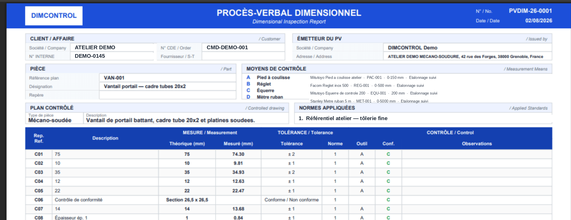 Procès-verbal dimensionnel généré par DIMCONTROL, bloc Moyens de contrôle renseigné avec les instruments et leur étalonnage