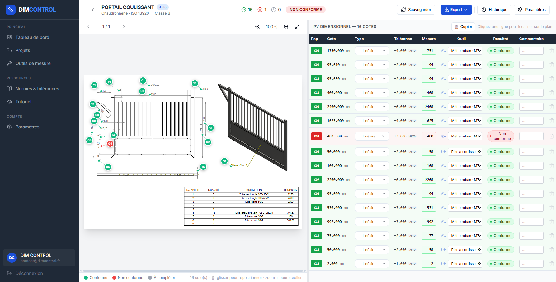 Interface DIMCONTROL — logiciel de contrôle dimensionnel avec plan PDF, pastilles numérotées sur les cotes et tableau de tolérances ISO 2768
